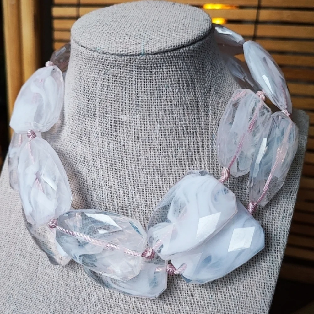 Salmon Color Faceted Translucent Acrylic Lucite Large Oval Flat Bead Necklace